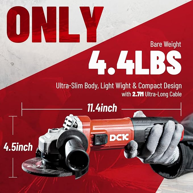 DCK 9.2 Amp Angle Grinder, 4-1/2 Inch Electric Grinder Power Tool, 11800 RPM, Auxiliary Handle and 2 Safety Guards, 6 Piece Discs, Copper Angle Grinder for Cutting, Grinding, Polishing (KSM17-115B)