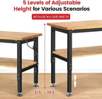 Adjustable Height Work Bench 60x 22 Workbench for Garage Work Table with Under Table Shelf for Shop Woodworking, Heavy Duty Rubber Wood Top for Office, Home, Commercial