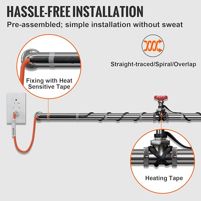VEVOR Self-Regulating Pipe Heating Cable, 120-feet 5W/ft Heat Tape for Pipes Freeze Protection, Protects PVC Hose, Metal and Plastic Pipe from Freezing, 120V
