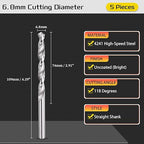 Drill Bit, 6.8mm Cutting Diameter, 4241 HSS 118° Cutting Angle Uncoated Bright Versatile Jobber Bits - (Applications: for Drilling Plastic Wood Soft Metal), 5-Pieces