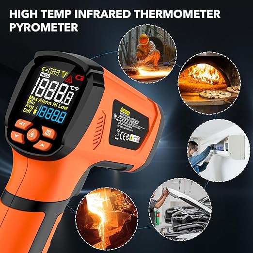 MESTEK Infrared Thermometer Temperature Gun, -40℉~3632℉, High Temp Thermometer with Thermocouple Probe, Non-Contact 50:1 Pyrometer Dual Laser Thermometer Gun for Engine, Kiln, Forging, Industrial