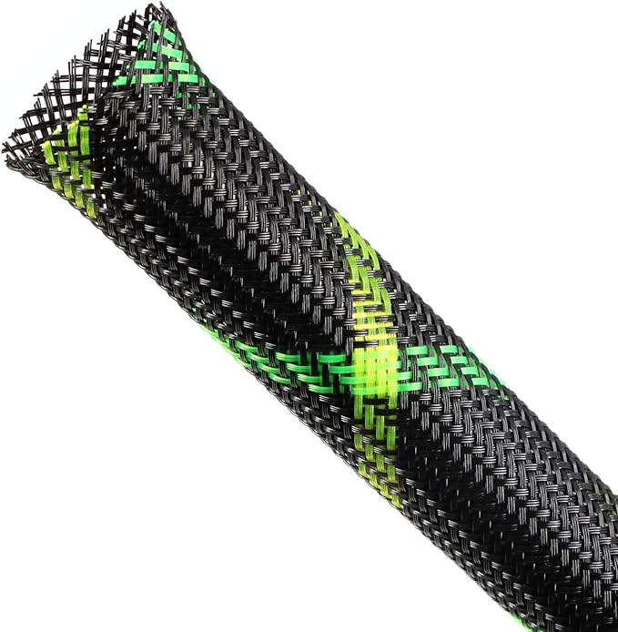 Expandable Braided Sleeving, PET Automotive Wire Loom, Flexible Cable Management for Audio Video and Other Home Device, Cord Protector from Pets (Black Green Yellow, 3/8" x 25ft)