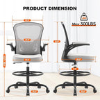 Synorla Ergonomic Drafting Chair, Tall Office Chair with Flip-up Armrests, Breathable Mesh High Desk Chair with Lumbar Support Adjustable Footrest Ring for Standing Desk, Home Office Studio