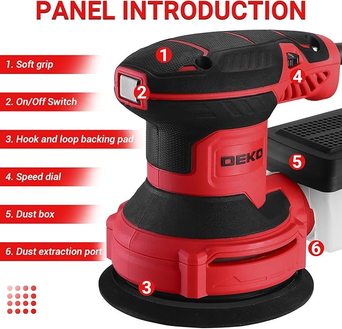 Orbital Sander Corded Hand Sander: DEKOPRO 5" Random Orbital Sander with Dust Box, 6 Various Speeds Electric Palm Sander with Dust Box, 16Pcs Sandpapers for Woodworking & Sanding (Red)