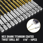 Hex Shank Drill Bit Set, 16Pcs 1/16" HSS Titanium Twist Drill Bit for Sheet Metal, Wood, Plastic, Quick Change Design