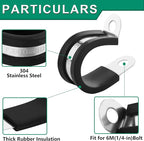 30pcs 1/4 Inch Stainless Steel Rubber Coated Cushioned Insulated Cable Clamps,Automotive Pipe Metal Clamps for Tube,Lines,Wire Cord Installation(Black,6mm)