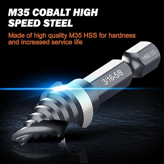 THINKWORK M35 Cobalt Spiral Flute Step Drill Bit Set, 5 Pcs Single Size HSS Step Bits (1/8"-3/4"), Small Size EDC Unibit with 1/4" Shank Step Bits for Metal, Aluminum, Steel, Wood Plastic