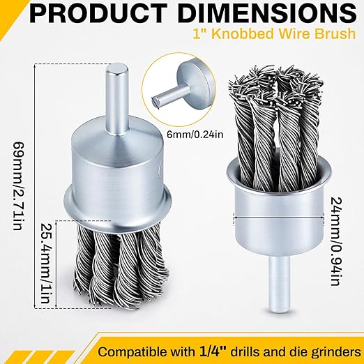 5 Pack 1 Inch Knot Wire Brush for Drill- 1/4 Inch Shank Die Grinder Wire Wheel Sturdy Twist Drill Grinder Attachment for Paint Removal, Cleaning, Deburring Carbon Steel Black
