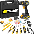 Compact Brushless Power Drill Set,60N.m Cordless Drill Tool Box with 2 Battery & 3/8”Keyless Metal Self-locking Chuck,138Pcs Men Handheld Tool Drills Kit,Taladro Inalámbrico for Home Repair Set