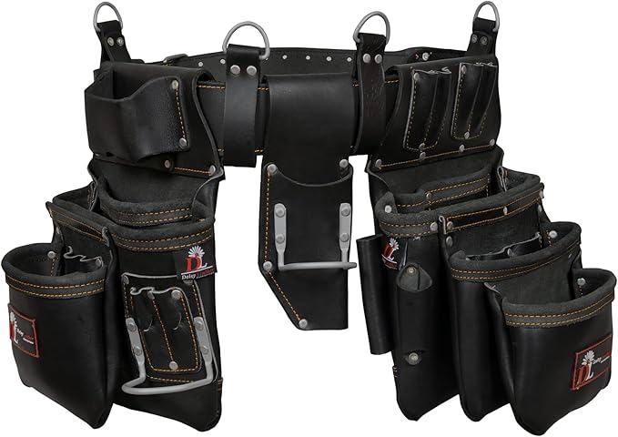 Daisy Leather PRO DL-101 Oil tanned Premium 25 pockets Heavy duty Tool Belt, Carpenter belt Pouch for Construction, Carpenter, Craftsman and Electricians workers, Black, X-Large