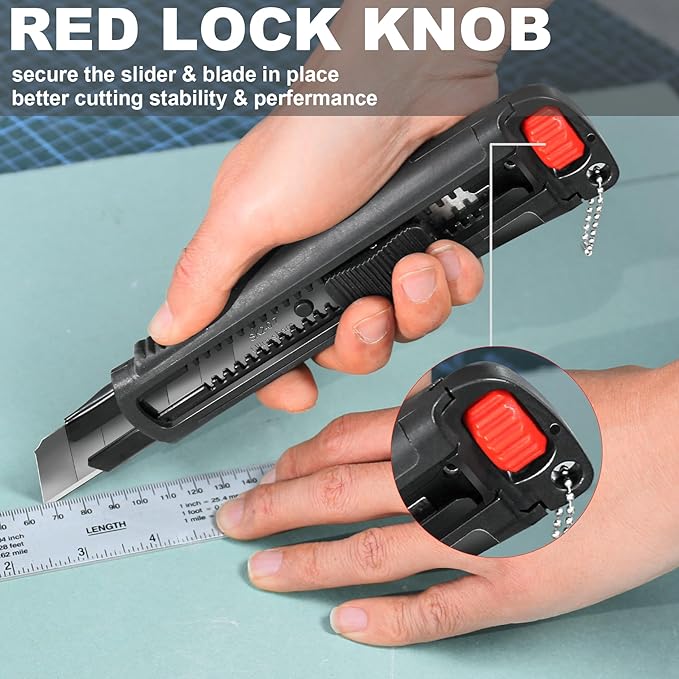 HAUTMEC 25mm Extra Heavy Duty Utility Knife with Double Lock Mechanism, Auto-Lock and Ratchet- Lock for Double Safety, SK2 Sharp Black Blade for Industrial or Construction Applications HT0254-KN