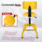 Shop Stool with Backrest, Mechanic Garage Stool for Workshop, Adjustable Shop Stools Chair, Padded Workbench Stools for Men Women, 300 LBS Capacity, 360° Swivel PVC Seat, Heavy Duty, Yellow