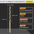 Drill Bit, 11/64" Cutting Diameter (4.366mm), 4241 HSS Gold 118° Cutting Angle Versatile Jobber Bits - (Applications: for Drilling Plastic Wood Soft Thin Metal), 12-Pieces