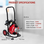 Auto Feed 75 FT x 1/2 Inch Drain Cleaner Machine with 250W Motor, Portable Sewer Snake Auger with 8 Cutters & Air-activated Foot Switch, Fits 1" to 4" Pipes, Black & Red