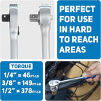 NEIKO 03006A Flat Head Ratchet Set - 3 Piece Low Profile 1/4, 3/8, 1/2 Inch Drive, 90 Teeth, Anodized Textured Grip Handle, Long Handle, Sealed Head, Cr-Mo