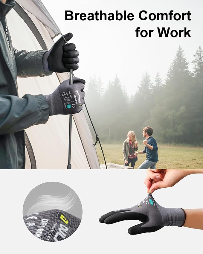 DULFINE Safety Work Gloves MicroFoam Nitrile Coated-6 Pairs Pack,Seamless Knit Nylon Glove with Black Micro-Foam Nitrile Grip,Ideal for General Purpose,Automotive,Home Improvement,Painting(Large)