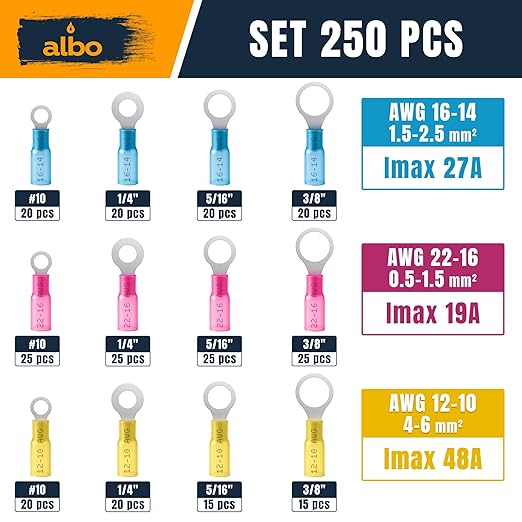 250PCS Heat Shrink Ring Terminal Kit – Wire Terminal Connectors Assortment for 22-10 AWG, Waterproof Electrical Connectors Set – Tinned Copper Electrical Ring Terminals