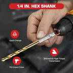 13PC 1/4" Titanium Coated Twist Hex Shank Drill Bit Set, 135 Degree Tip HSS Drill Bit Sets, Impact Driver Drill Bits for Wood, Steel, Metal, Plastic with Quick Change Design