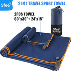 Sfee 2 Pack Microfiber Travel Towel, Quick Dry Towel Camping Towel Large Beach Towel Super Absorbent Compact Lightweight Sports Gym Towels for Beach, Gym, Hiking, Pool, Backpacking, Bath, Yoga