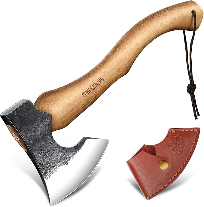 PURPLEBIRD Hatchet Axe with Sheath for Camping, 15 Inch Bushcraft Axe Carbon Steel Chopping Axe Wood Handle Splitting Axe, Hand-Forged Camping Hatchet for Carving Bushcraft Outdoor Forest Garden