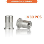 Rivet Nut Installation Tool Set Flat Head Rivnut Threaded Insert Nut Kit SAE & Metric for Metal Heavy Duty Zinc Plated Nutsert (5/16-18(Rivet Nut-30pcs, Stainless))