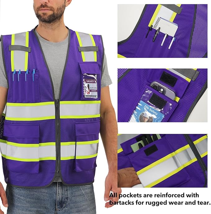 Dib Safety Reflective Mesh Vest High Visibility Two Tone with Pockets and Zipper, Purple Mesh with Yellow Trim L