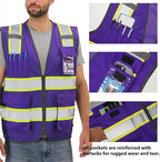 Dib Safety Reflective Mesh Vest High Visibility Two Tone with Pockets and Zipper, Purple Mesh with Yellow Trim S