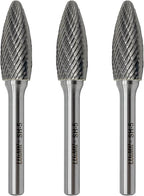 LU&MN SH-5 Tungsten Carbide Burr Rotary File Flame Shape Double Cut (1/2” Cutter Dia X 1-1/4”Cutter Length) with 1/4'' Shank Dia,3PCS