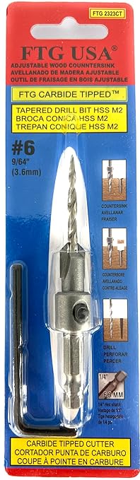 FTG USA #6 (9/64") Tungsten Carbide Tipped Countersink Drill Bit with Tapered Drill Bit, 1/4 Inch Quick Change Hex Shank and Allen Wrench