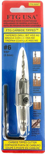 FTG USA #6 (9/64") Tungsten Carbide Tipped Countersink Drill Bit with Tapered Drill Bit, 1/4 Inch Quick Change Hex Shank and Allen Wrench