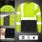 High Visibility Class 3 T Shirts，Hi Vis Safety Shirts with Reflective Strips and Pocket, Long Sleeve Quick Dry Mesh Construction Work Shirt for Men/Women Black Bottom Lime，XL