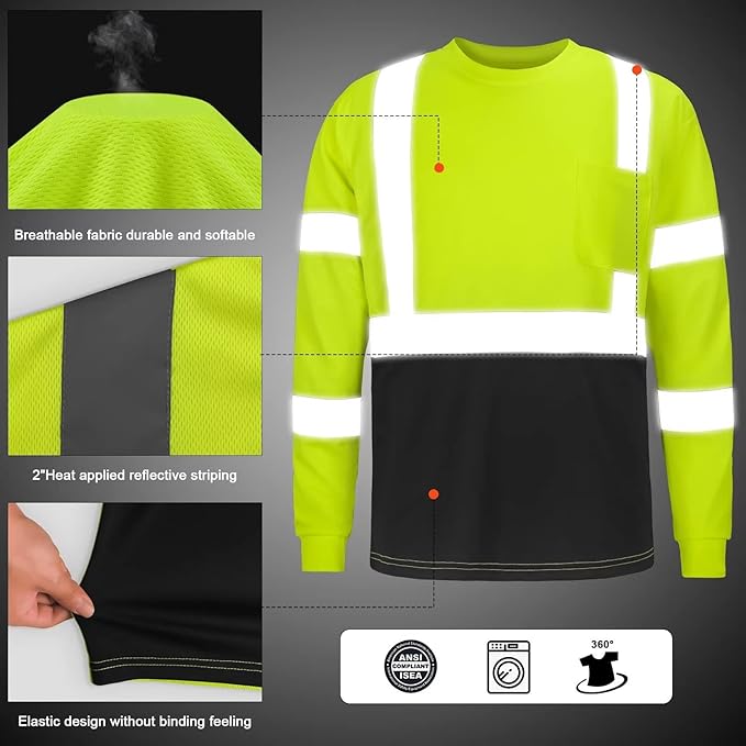 High Visibility Class 3 T Shirts，Hi Vis Safety Shirts with Reflective Strips and Pocket, Long Sleeve Quick Dry Mesh Construction Work Shirt for Men/Women Black Bottom Lime,2XL