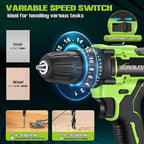 WORKBLESS 21V Power Drill Set, Cordless Drill with Battery and Charger, 3/8'' Keyless Chuck, Variable Speed, 18+1 Torque Setting and 28pcs Drilling/Driver Bits Tool Set(Green)