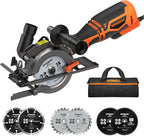 Circular Saw, 5.8A 4-1/2" Circular Saw w/Laser, Metal Auxiliary Handle, 6 Blades (4½", 4¾"), Cutting Depth 1-11/16" (90°), 1-3/8" (45°), Ideal for Wood, Soft Metal, Plastic, Tile - MCS01A
