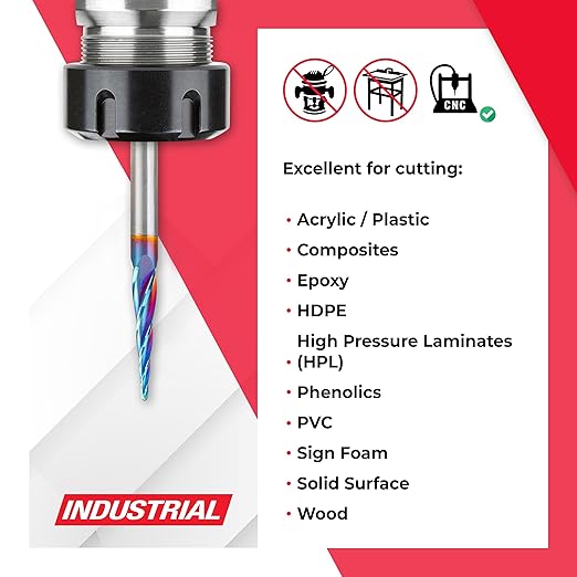 Amana Tool Carbide Up Cut Spiral CNC Router Bits for 2D/3D Carving, 48422-K, 5.4 Deg Tapered Angle Ball Tip x 1.5mm D x 0.75mm R x 26mm x 6mm Sh 4 Fl