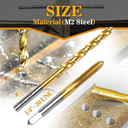 1/4"-20 UNC Tap and #7 Drill Bit Kit, M2 HSS Drill and Tap Set, Combination of Drill and Tap Kit for Metal