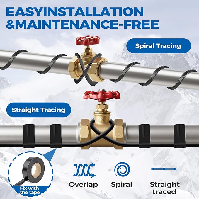 5W/FT 120V Pipe Heat Tape 24FT (3FT-200FT) - Freeze Protection Heating Cable for Metal/Plastic Water Pipes, Maintains Flow at -40°F