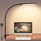ShineTech LED Desk lamp with Clamp, 3000K Warm White 11 Brightness Level Eye-Caring Clip Lights for Home Office, Flexible Gooseneck USB Adapter, Black