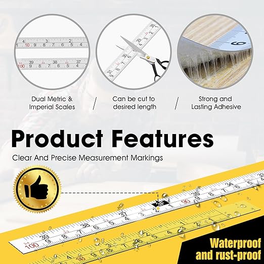 Adhesive Measuring Tapes,Steel Self Tape Measure,1/2" Wide Imperial & Metric Ruler Sticker, Stick On Table Saw and T Track for Woodworking, Drafting (Yellow, Right to Left 118" 2PCS)