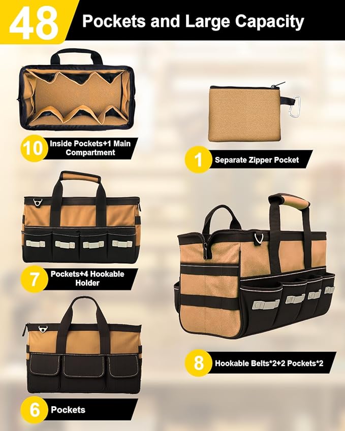 20 Inch Heavy Duty Tool Tote-48 Pockets,1680D Tear&Abrasion Resistant,Includes Tool Pouch,Tool Belt,Magnetic Wristband&Adjustable Shoulder Strap | Tool Organizer(Brown)