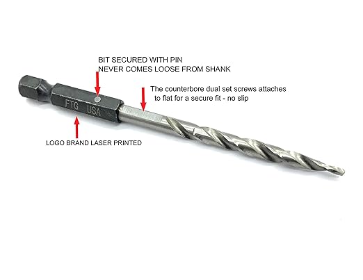FTG USA 6 Pc #6 (9/64") Countersink Drill Bit Set with Depth Stop Collar, Hex Wrench - Tapered Drill Bits for Wood