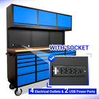 CT Copper Tailor 72-inch Rolling Tool Chest with Integrated Power Strip,15 Drawers and Wheels, Garage Workbench with Storage, 3 Upper Cabinets, Pegboard in Blue