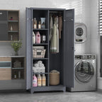 72.8" H Metal Storage Cabinet with Lockable Doors, Functional Garage Storage Cabinets, Cleaning Supply Tool Cabinets with Removable Pegboard Hanging Rod & S-Hooks, Grey