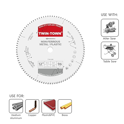 TWIN-TOWN 12-Inch 96 Tooth TCG Aluminum Cutting Saw Blade for Miter/Table Saws - Precision Circular Saw Blades for Aluminum, Plastics, Non-Ferrous Metals with 1" Arbor