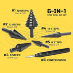 Lichamp Step Drill Bit Set for Metal Sheet Heavy Duty, 5-Piece Premium M2 HSS Step Up Down Drill Bits Stepper Unibit for Steel Hole, 50 Sizes from 1/8 to 1-3/8 inches