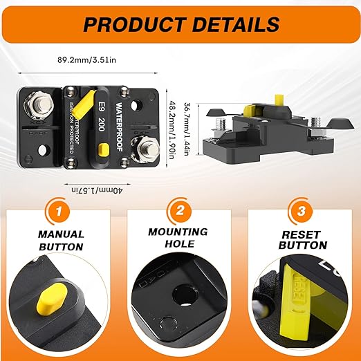 E93 Circuit Breaker Waterproof IP67 25A-300A Extended Surface Mount with 3/8" Diagonal Studs Hi-Amp Marine RV Truck Protector (250A)