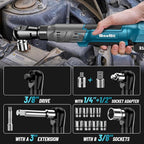 Seesii 21V Cordless Electric Ratchet Wrench Set, 66Ft-lbs 200RPM Power Ratchet Wrench 3/8", Variable Speed Trigger, 2x 2.0A Batteries & Charger, 8 Sockets, 1/4" and 1/2" Adapter, 3" Extension Bar