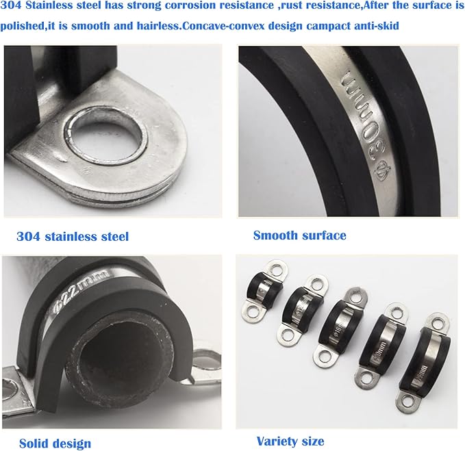 10pcs 22mm 2 Hole U-Tube Strap Clamp, 304 Stainless Steel with EPDM Rubber Lined Clip, Double-Layer Gaskets Rubber Cushioned Insulated Clamp for Tube, Pipe or Wire Cord Installation