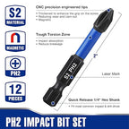 WORKPRO 12pcs PH2 Impact Phillips Screwdriver Bit Set, CNC Machined S2 Steel Tips with Magnetism, 1/4" Hex-Shank Driver Bits, 2" Long Impact Screwdriving Bits with Storage Box