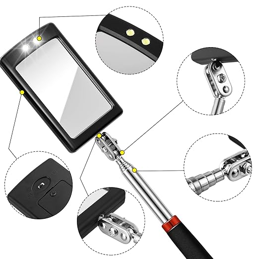Tatuo 2 Pieces LED Mirror Inspection Telescoping Round Square Mirror Inspection Tool for Check The Condition of Vehicle, Observe The Eyelashes, Mouth and Other Small Parts